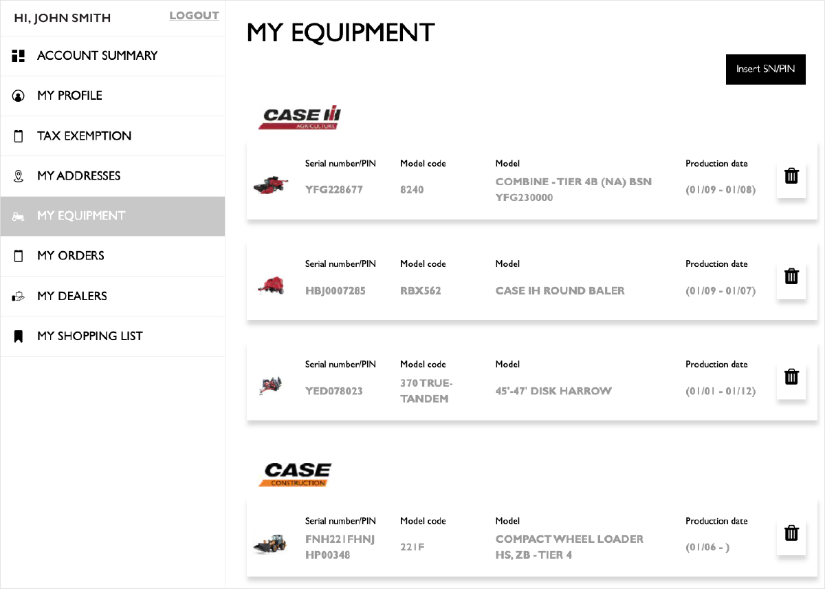 My Equipment page screenshot