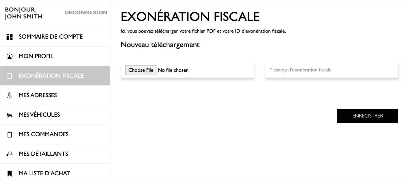 Tax Exemption Page screenshot