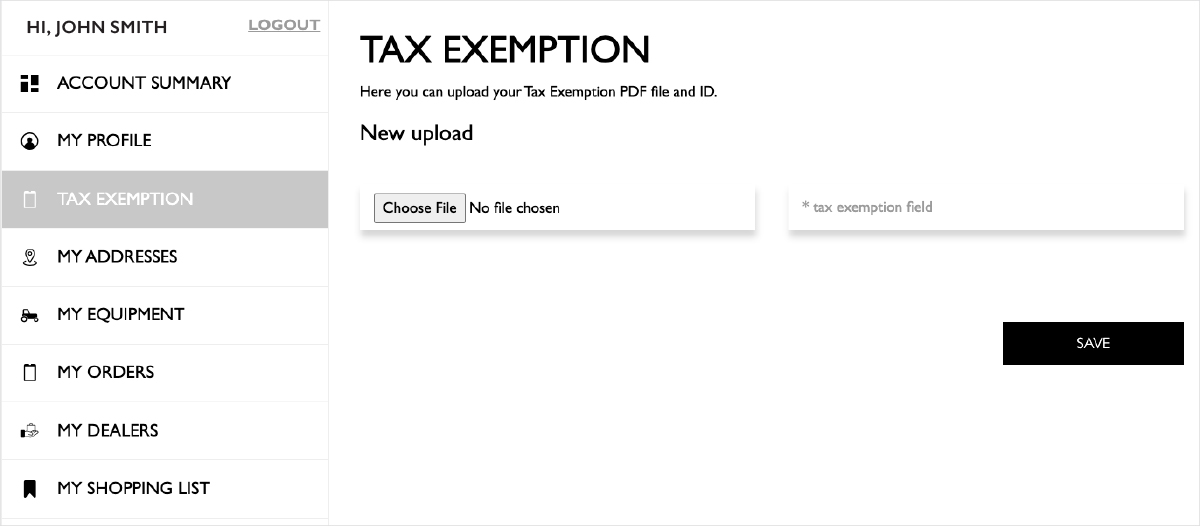 Tax Exemption Page screenshot